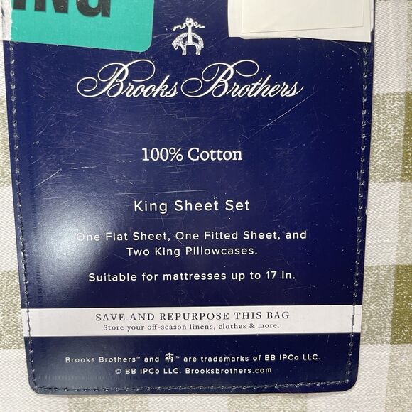 Brooks Brothers King Sheet Set 100% Cotton Green Gingham Plaid - Picture 2 of 5